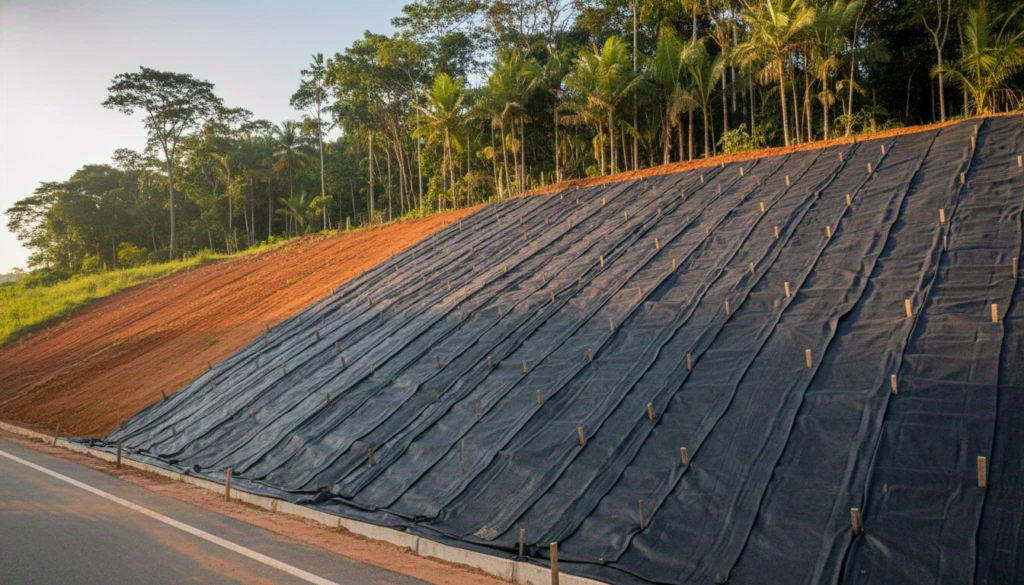 Aplicação de Geocomposto Techduto em talude rodoviário com solo vermelho brasileiro vista 2