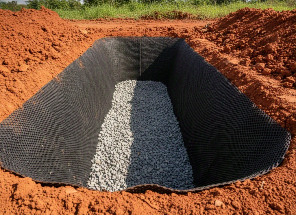 Aplicação de Geocomposto Techduto em vala drenante com brita e solo laterítico vista 3