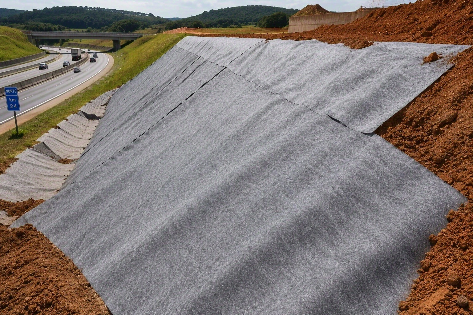 Bidim geotextile fabric applied to a highway embankment for reinforcement and erosion control