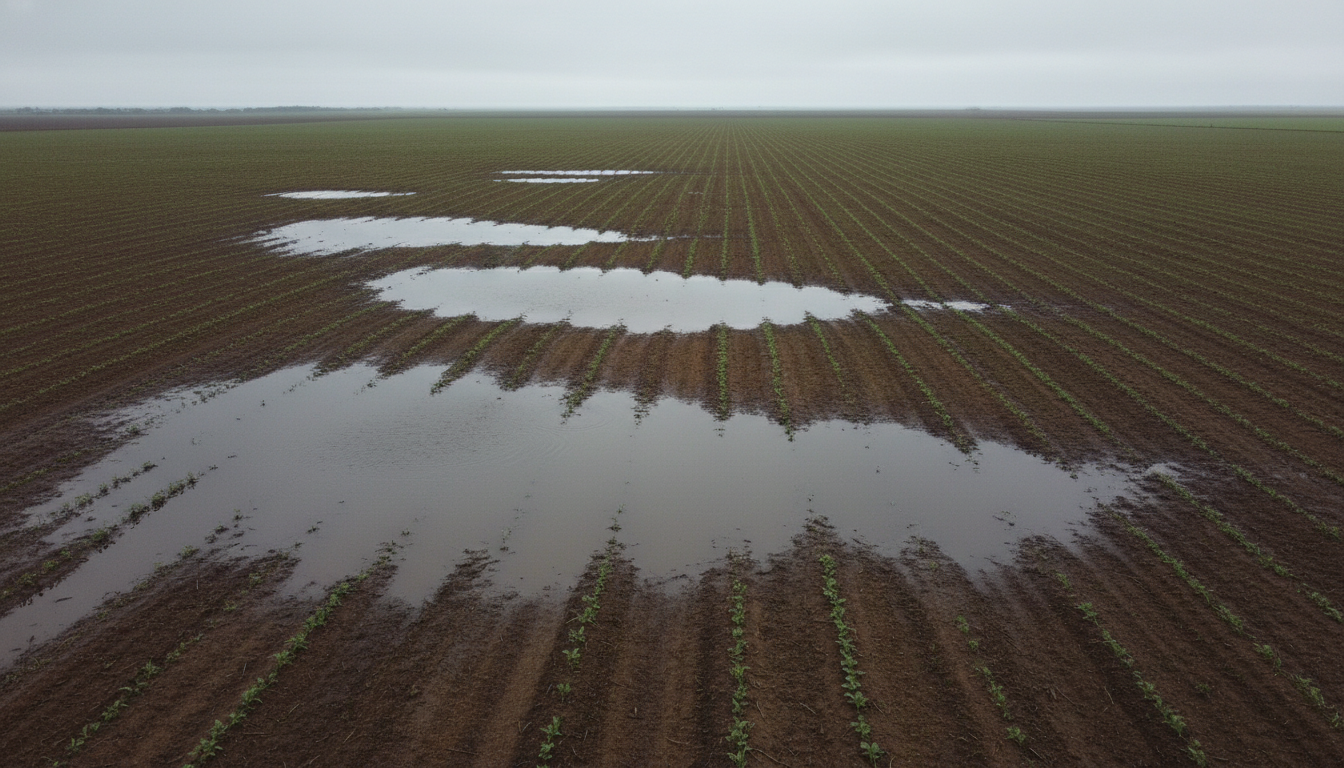 Vista aérea de talhão agrícola com poças de água após chuva nas baixadas