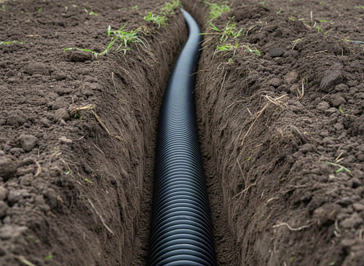 Techdreno corrugated HDPE drainage pipe installed in a narrow trench the size of the pipe in a cultivated field