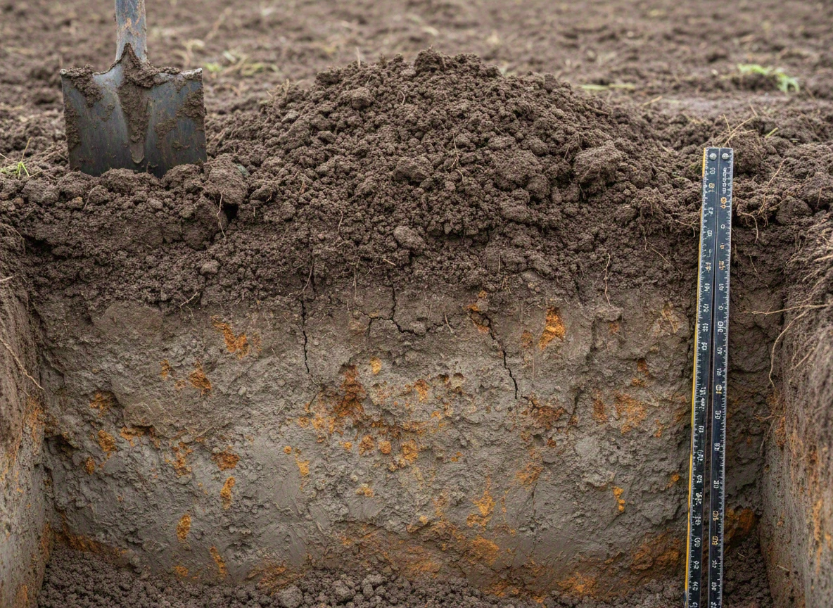 Soil profile in inspection pit showing a grayish layer with orange mottling (gleying)