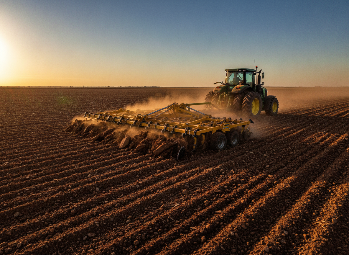 Subsolador agrícola trabalhando em solo descoberto antes do plantio, quebrando camada compactada profunda