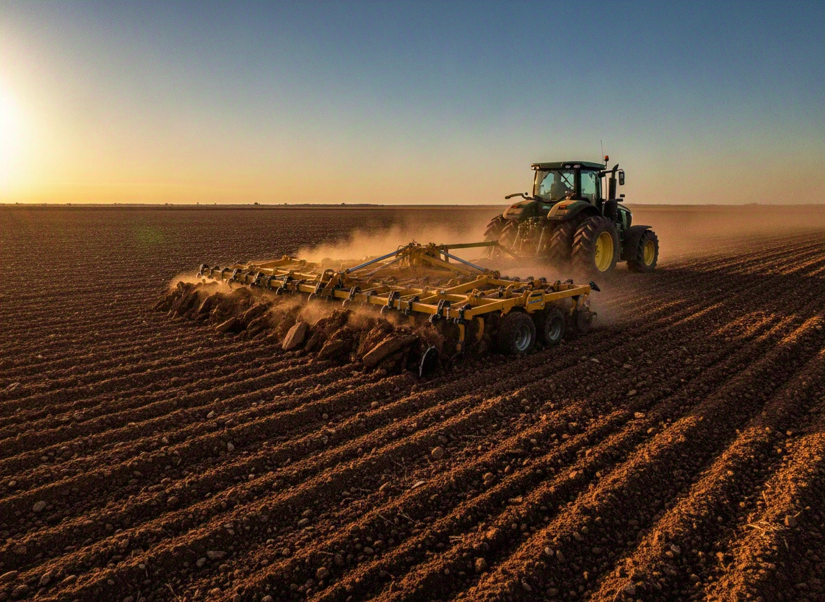 Subsolador agrícola trabalhando em solo descoberto antes do plantio, quebrando camada compactada profunda