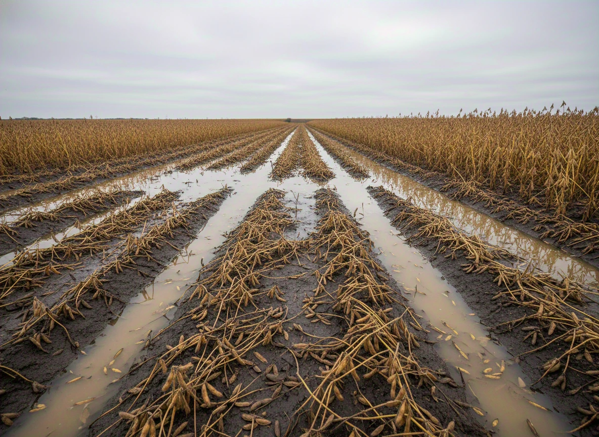 Waterlogged patch in a crop with lodged plants and grain rotting in the field, inaccessible for harvesting