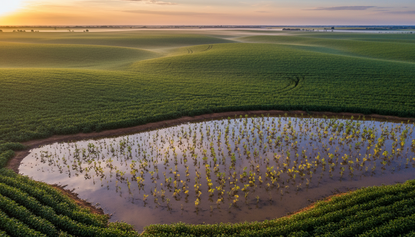 Vista aérea de lavoura de soja dividida entre área verde saudável e mancha baixa encharcada com plantas amareladas