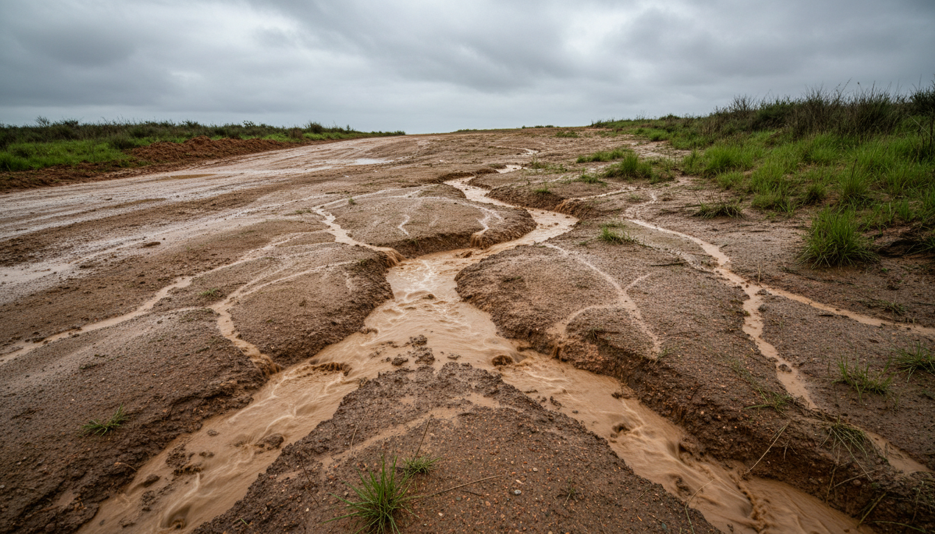 Solo severamente erodido por água da chuva sem controle, com voçorocas e sulcos profundos