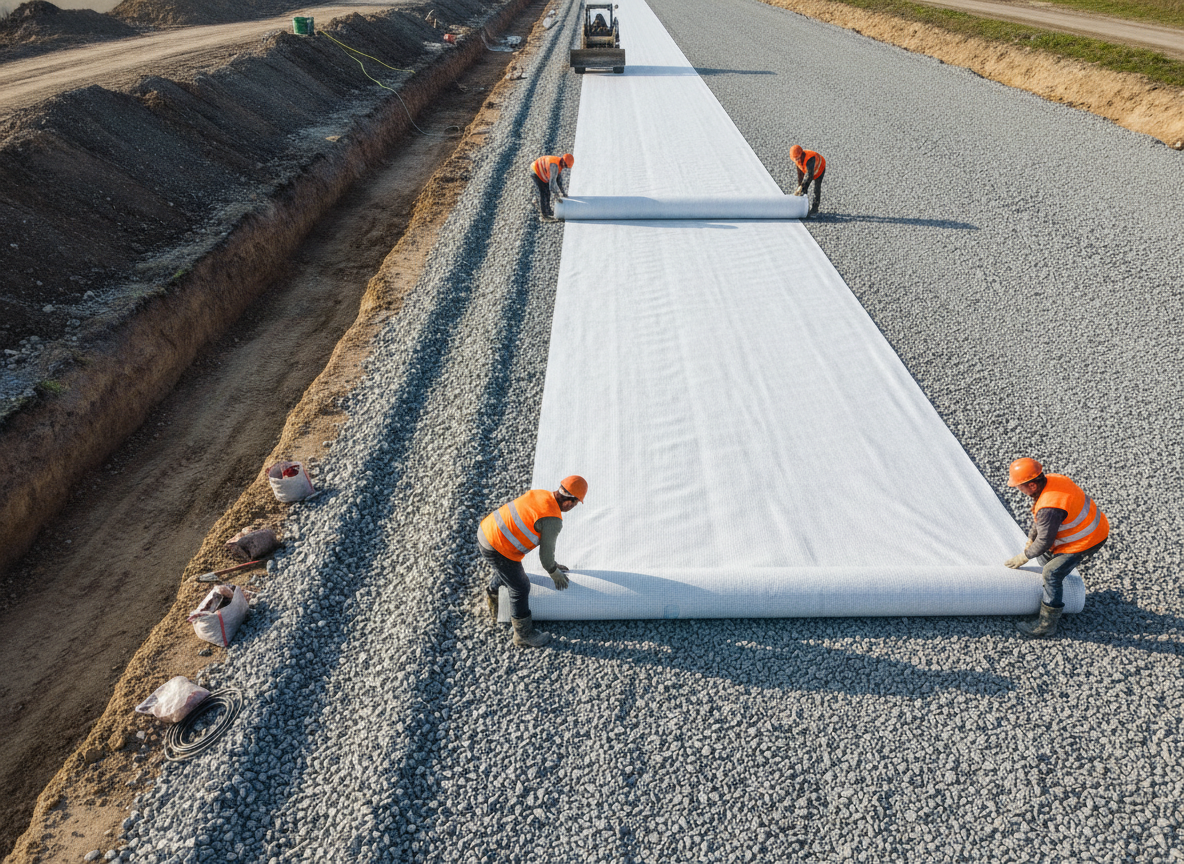 Camada de geocomposto drenante sendo instalada entre o subleito e o lastro ferroviário, com perfil de solo visível na escavação mostrando argila e camada separadora