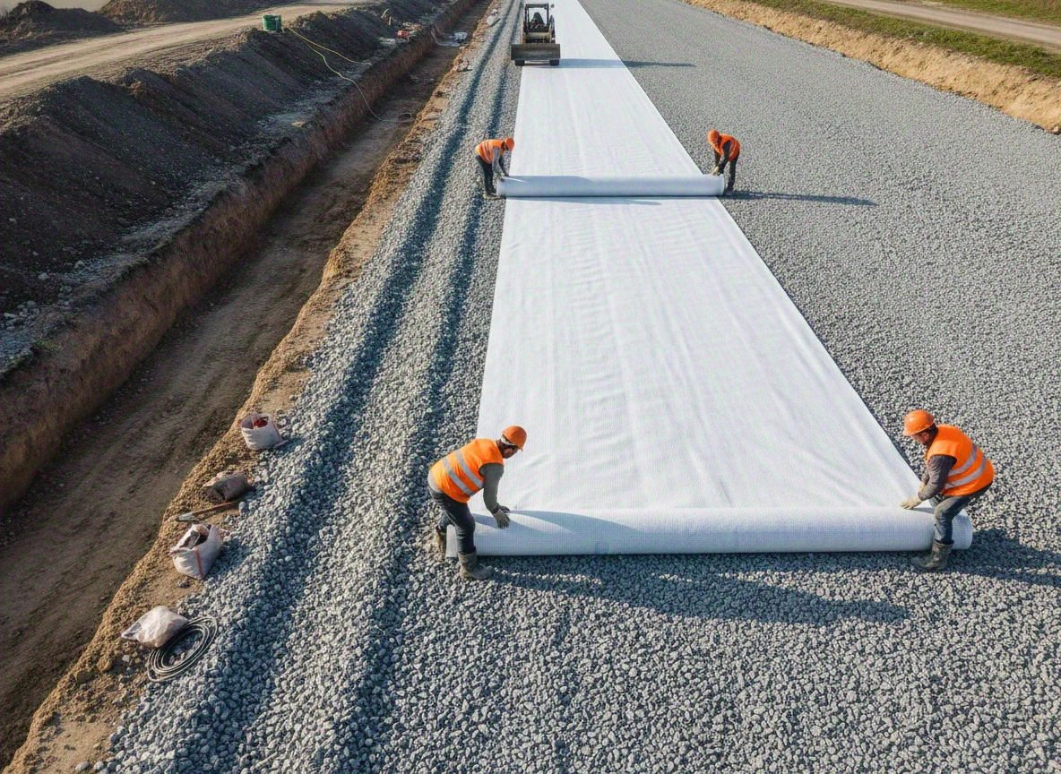 Camada de geocomposto drenante sendo instalada entre o subleito e o lastro ferroviário, com perfil de solo visível na escavação mostrando argila e camada separadora