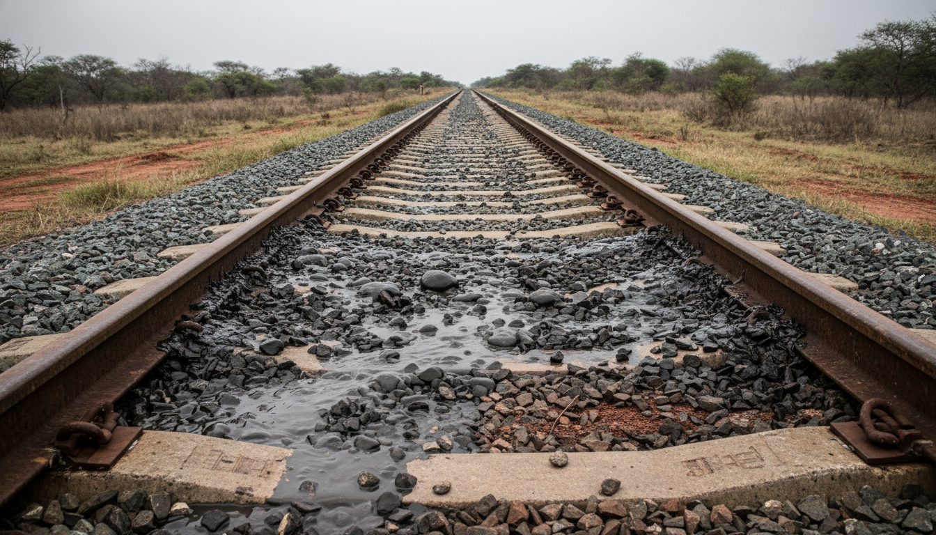Trilho ferroviário com lama escura emergindo entre as pedras do lastro após passagem de trem pesado — sinal típico de mud pumping por subleito fino saturado