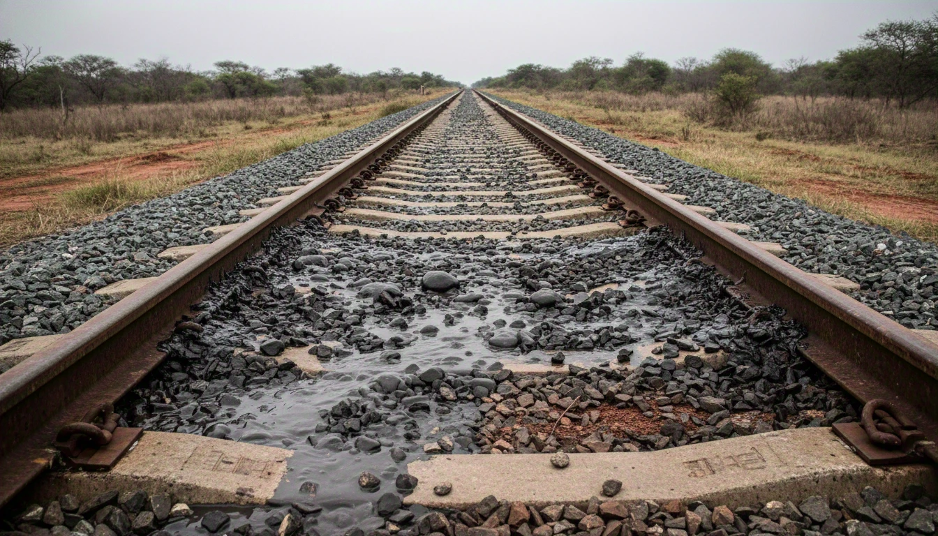 Trilho ferroviário com lama escura emergindo entre as pedras do lastro após passagem de trem pesado — sinal típico de mud pumping por subleito fino saturado