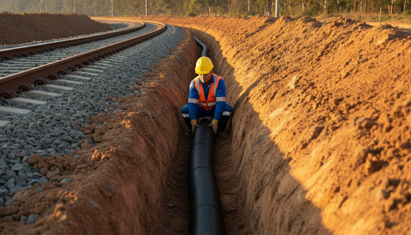 Dreno longitudinal de plataforma ferroviária com tubo PEAD corrugado parede dupla instalado em vala ao longo dos trilhos, lastro de pedra e solo ferruginoso visíveis