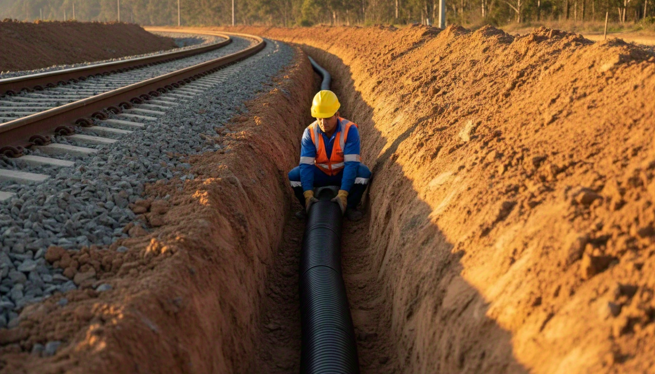 Dreno longitudinal de plataforma ferroviária com tubo PEAD corrugado parede dupla instalado em vala ao longo dos trilhos, lastro de pedra e solo ferruginoso visíveis