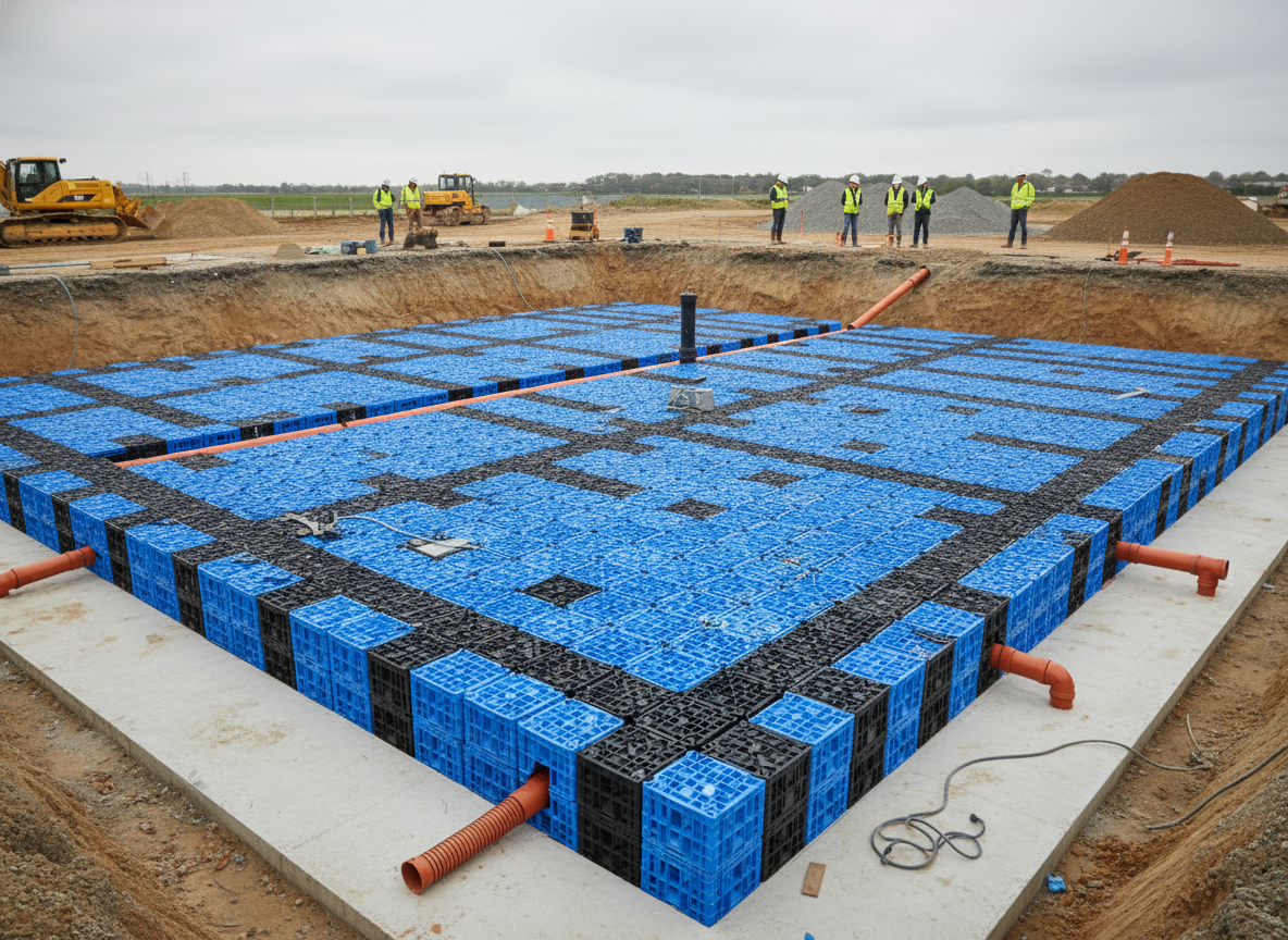 Reservatório de detenção pluvial enterrado em obra de galpão logístico, mostrando câmaras de concreto ou plástico interligadas antes do backfill, com tubulação de saída regulada
