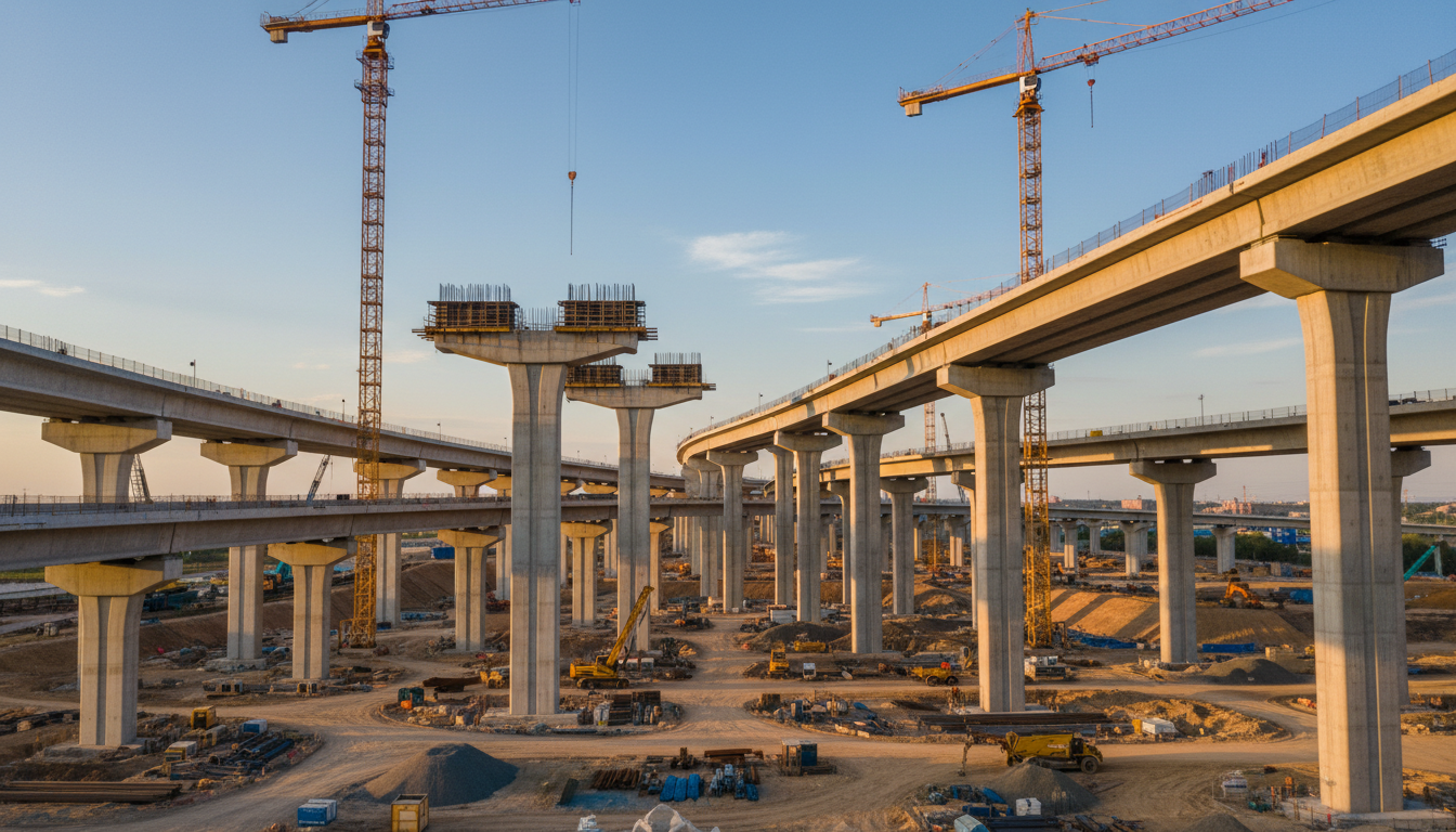 Vista aérea de uma grande obra de infraestrutura civil em construção