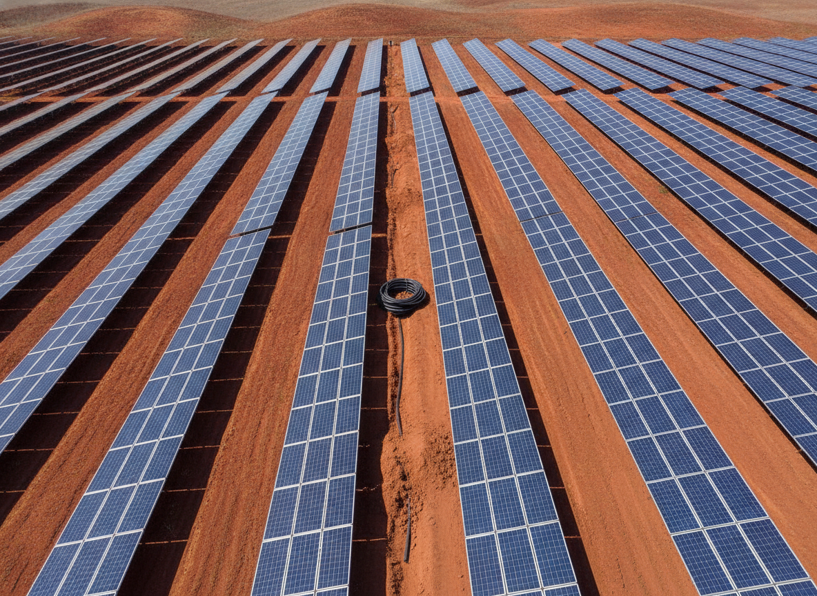 Instalação de tubo dreno Techdreno KC com envelope filtrante integrado em vala entre fileiras de painéis fotovoltaicos, solo argiloso avermelhado visível nas paredes da vala