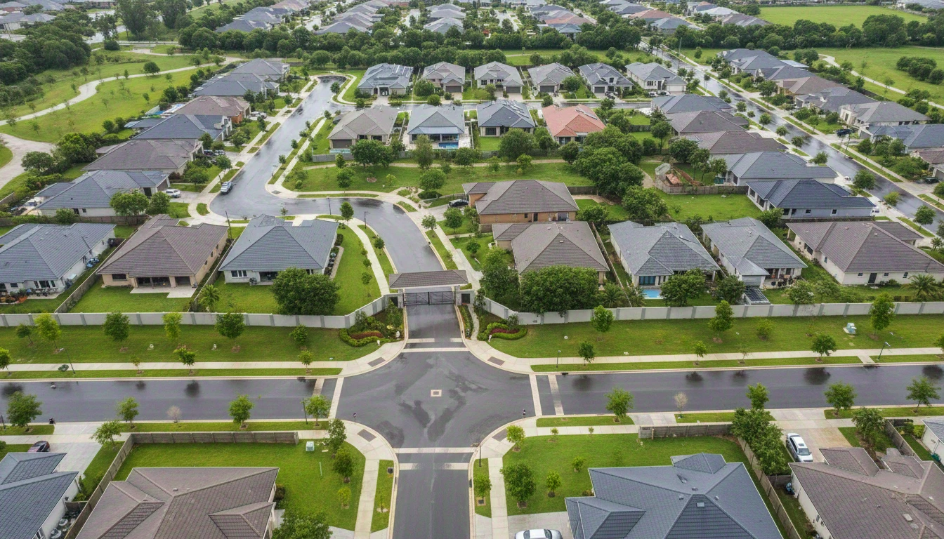 Aerial view of a planned residential subdivision with streets and stormwater drainage