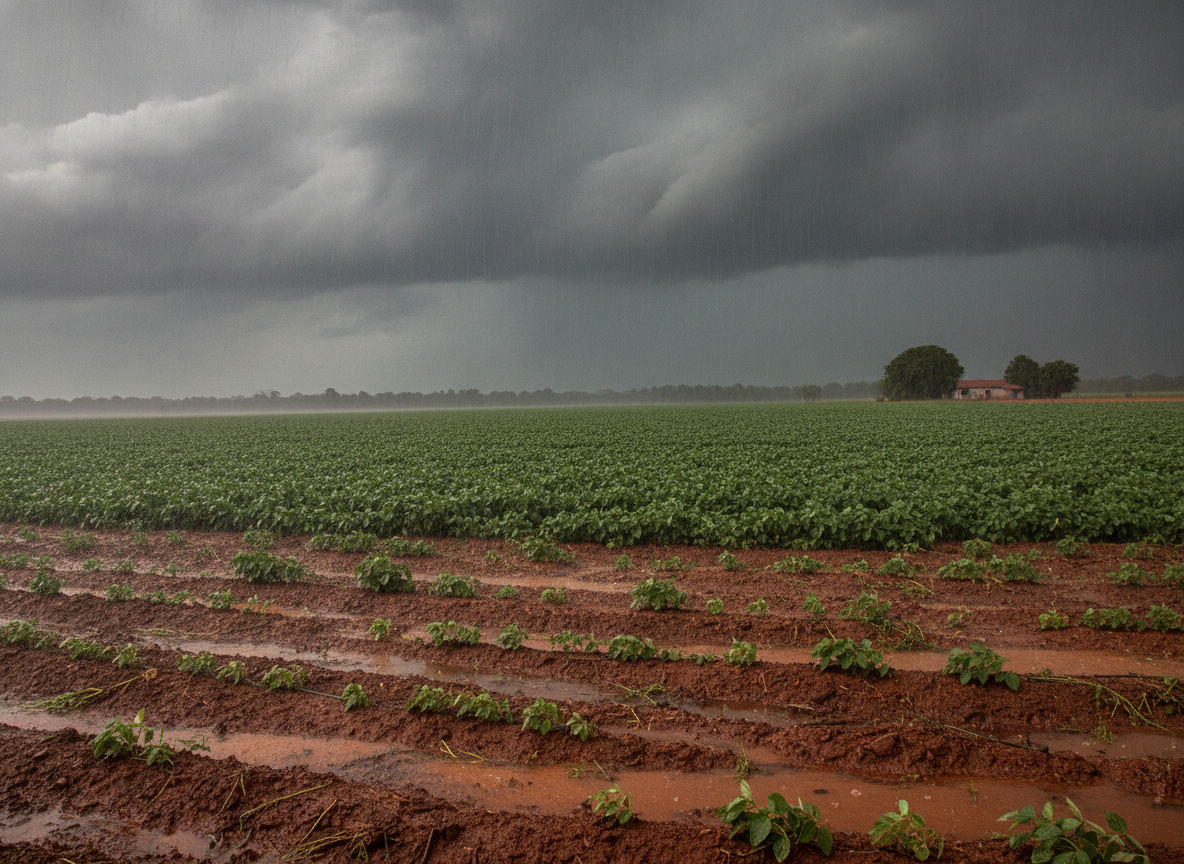Chuva intensa caindo sobre lavoura no Brasil, céu carregado, solo encharcado em primeiro plano com plantas jovens tombadas