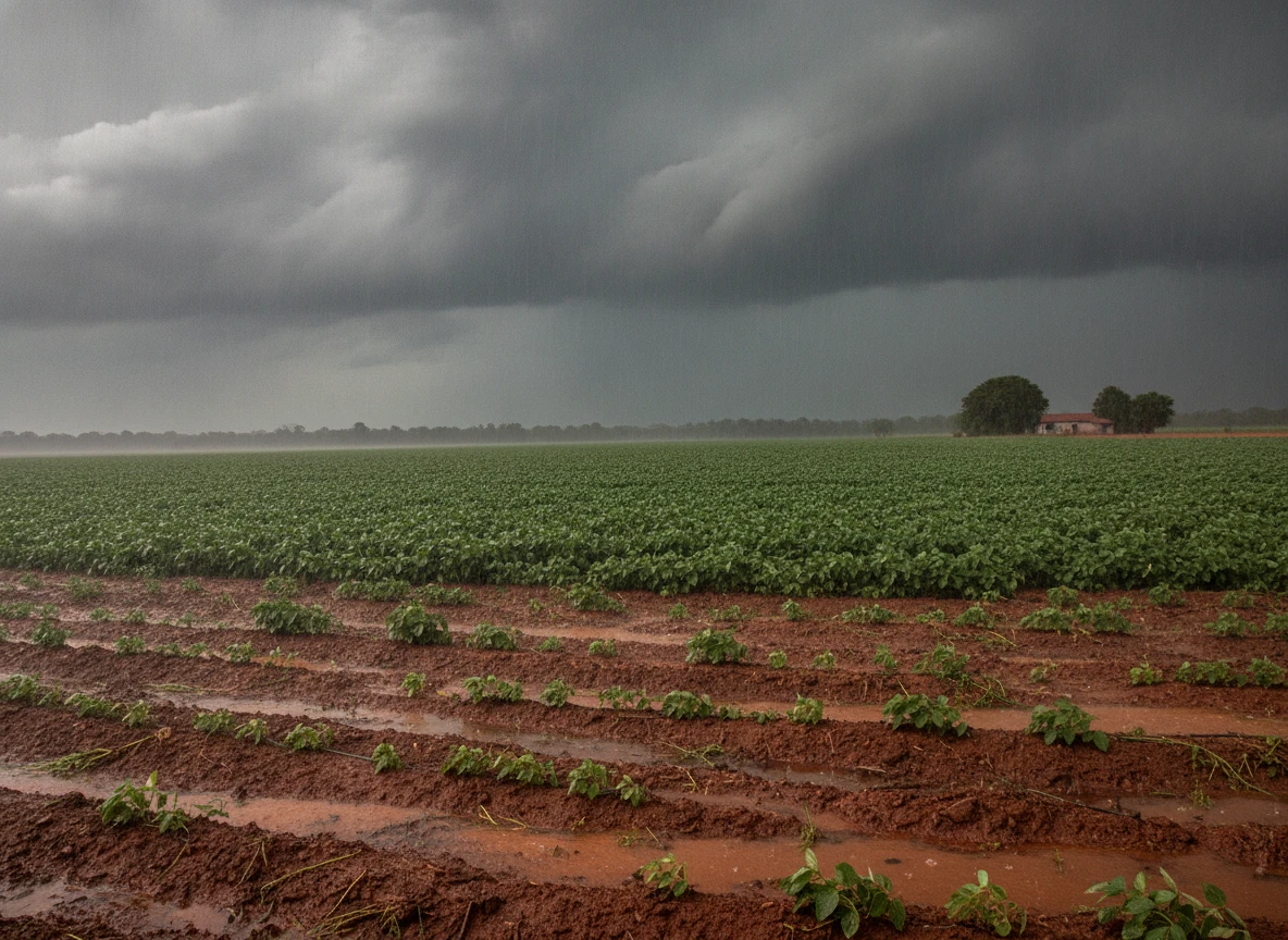 Chuva intensa caindo sobre lavoura no Brasil, céu carregado, solo encharcado em primeiro plano com plantas jovens tombadas