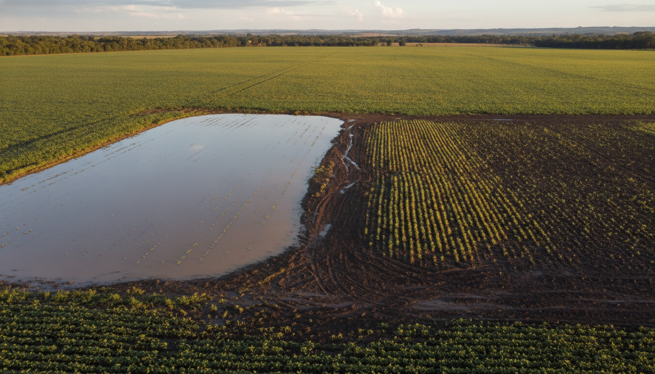 Vista aérea de talhão agrícola mostrando lâmina de água empoçada ao lado de área com solo escuro encharcado sem água visível na superfície