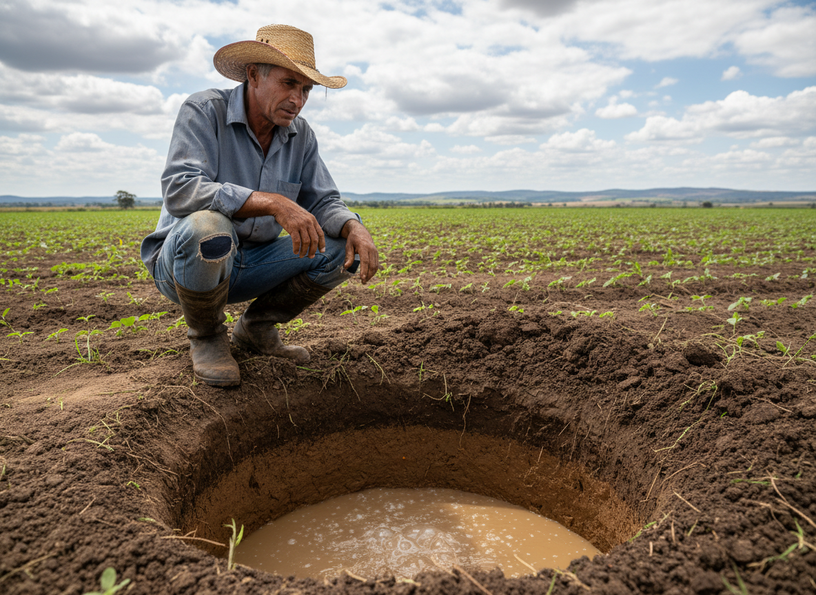 Produtor rural agachado ao lado de um poço de inspeção recém-aberto na lavoura, com água subindo do fundo do buraco