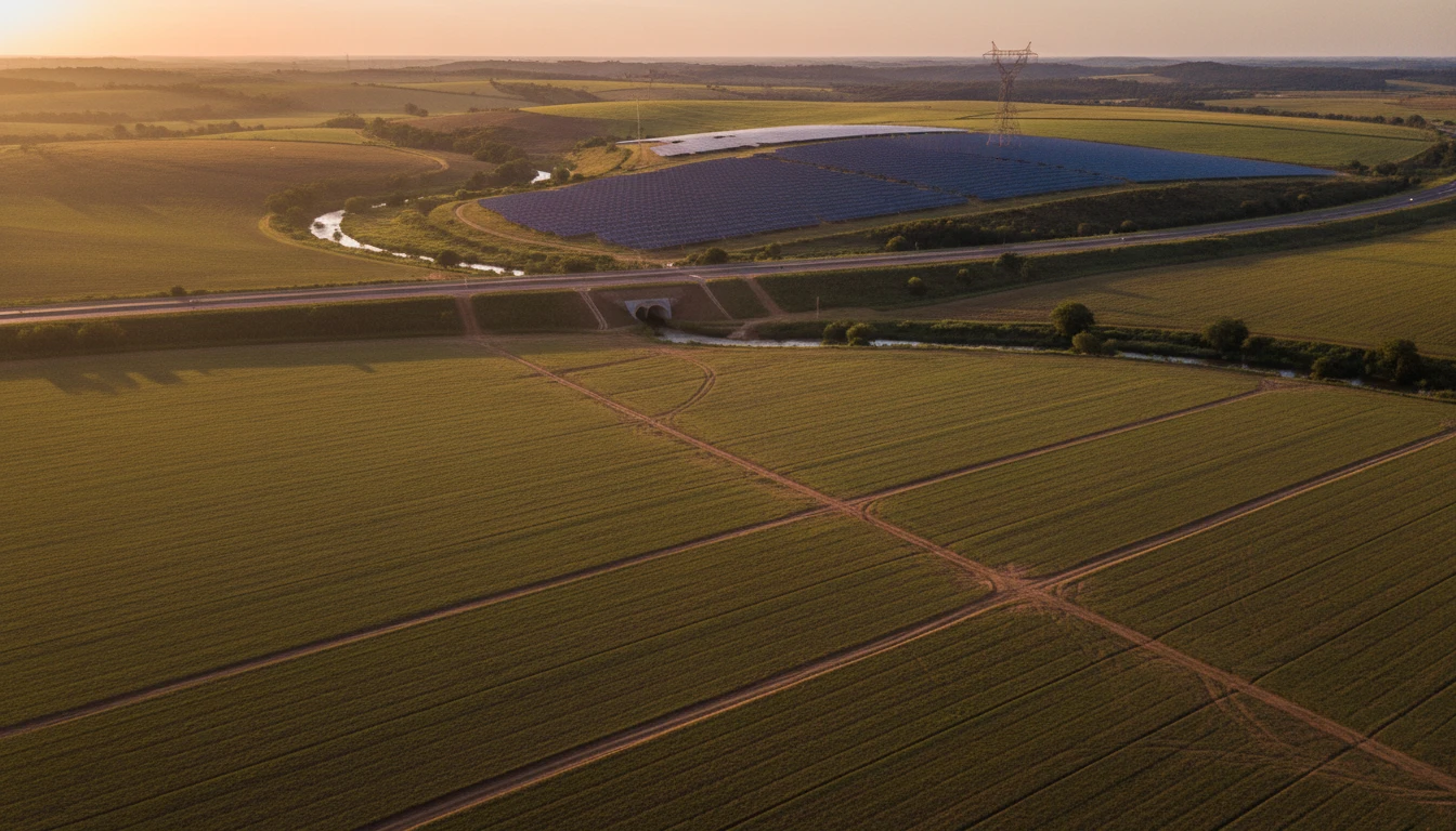 Vista aérea de paisaje rural brasileño mostrando cultivo con zanjas de drenaje, carretera asfaltada al fondo y paneles solares con torres de transmisión en el horizonte