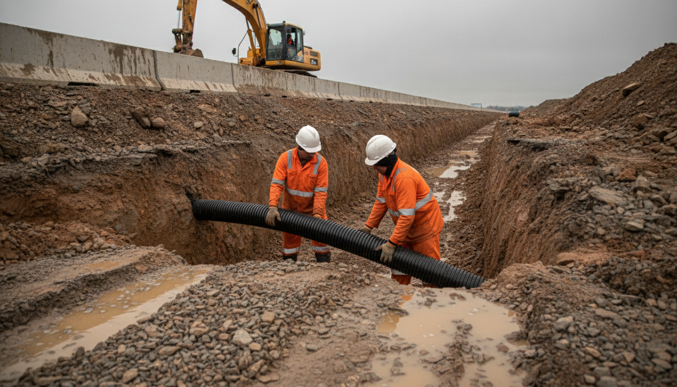Dois operários brasileiros instalando tubo corrugado de PEAD em vala de rodovia em construção, com escavadeira ao fundo
