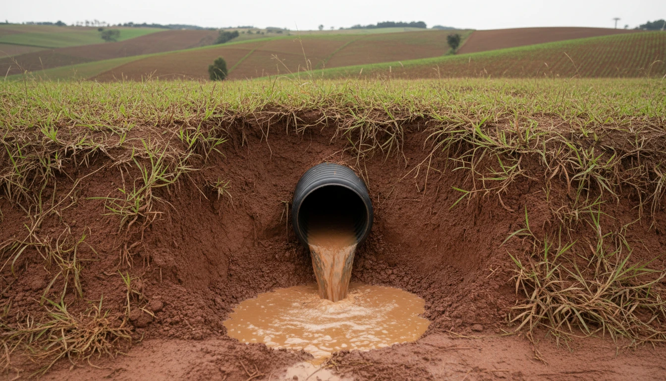 Saída de tubo de drenagem agrícola devidamente enterrada em talude de terra, com água barrenta escoando para uma pequena erosão