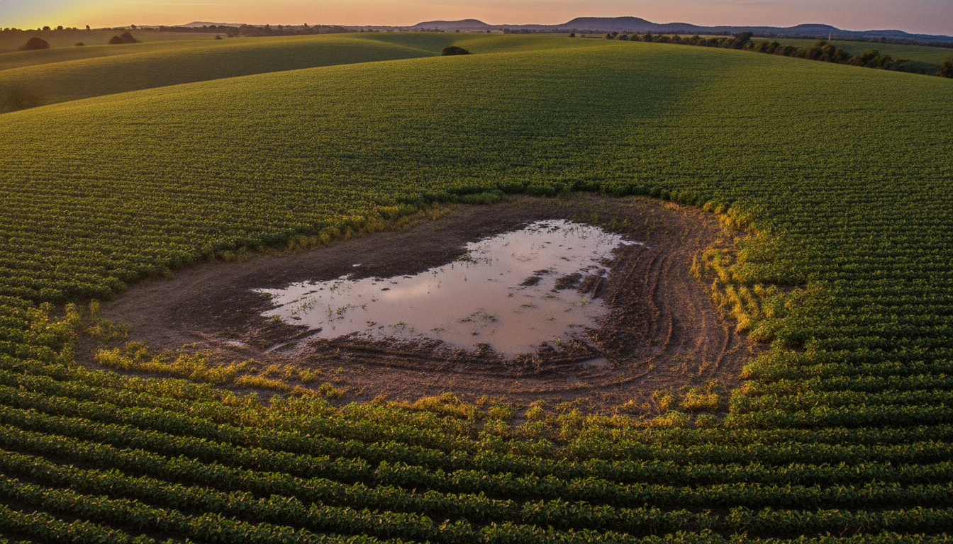 Talhão agrícola em terreno elevado com mancha de solo encharcado entre fileiras de soja saudáveis
