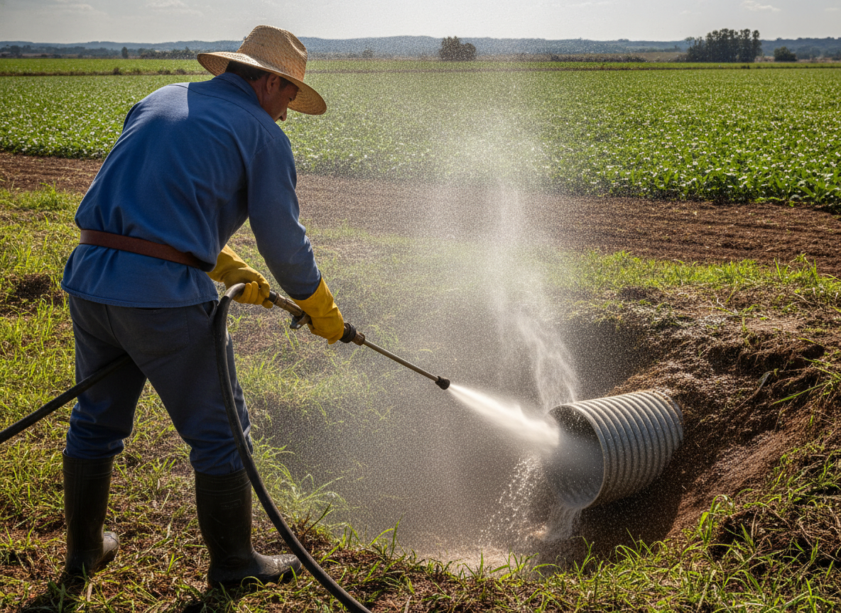 Trabalhador rural aplicando jateamento de alta pressão na saída de um dreno agrícola corrugado em PEAD, jato de água visível removendo sedimento