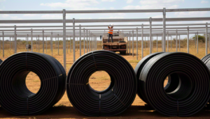 Foto ilustrativa de canteiro de obra de usina fotovoltaica com estrutura de racking e rolos de duto corrugado PEAD