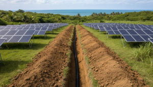 Foto ilustrativa de usina solar no litoral sul com vala de duto e terra escavada ao longo das laterais