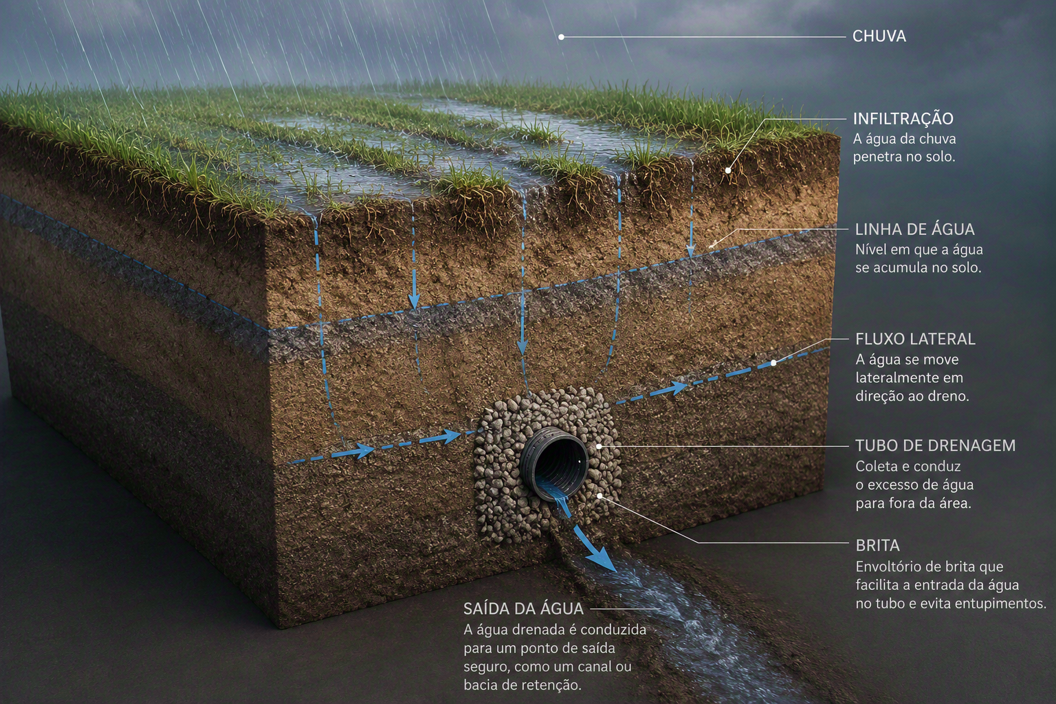 Diagrama isométrico em corte mostrando bloco de solo com chuva caindo, linha de água, fluxo lateral em direção ao tubo de drenagem envolto por brita, e saída da água drenada