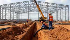 Foto ilustrativa de obra de galpão logístico em área portuária com trabalhadores instalando duto elétrico
