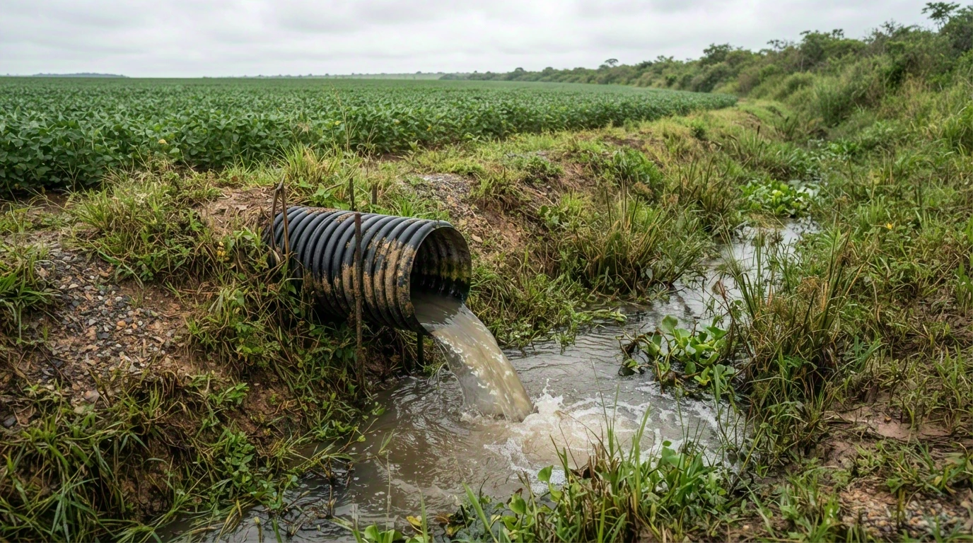 Saída de dreno agrícola já implantado há anos, tubo corrugado descarregando água numa vala junto a talhão de soja em área de baixada