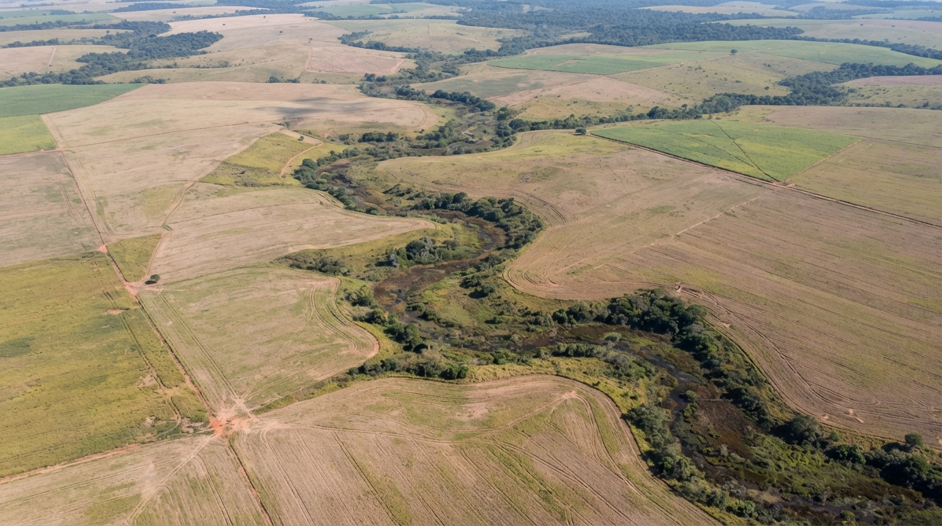 Aerial view of a rural property in Mato Grosso showing a winding natural watercourse surrounded by native vegetation cutting through crop fields, highlighting the natural drainage pattern of the land