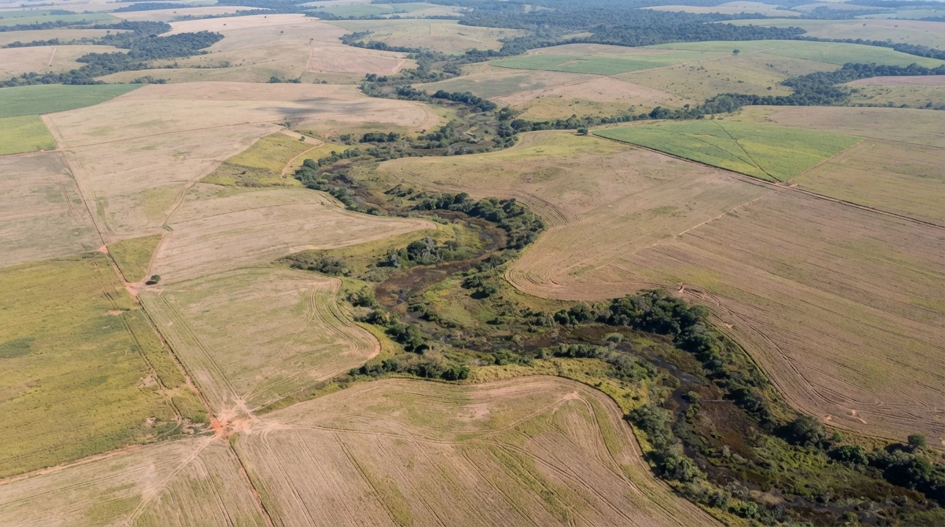 Vista aérea de propriedade rural em Mato Grosso mostrando um curso d'água natural sinuoso cercado de vegetação nativa cortando talhões de lavoura, evidenciando o padrão de drenagem natural do terreno