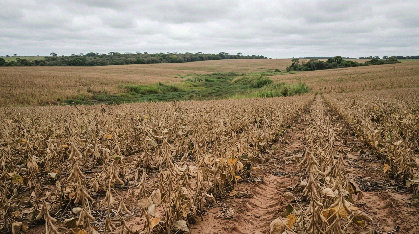 Agricultural plot that appears dry and normal in the foreground, with a subtle topographic depression and distinct native vegetation in the background, indicating a low-lying area