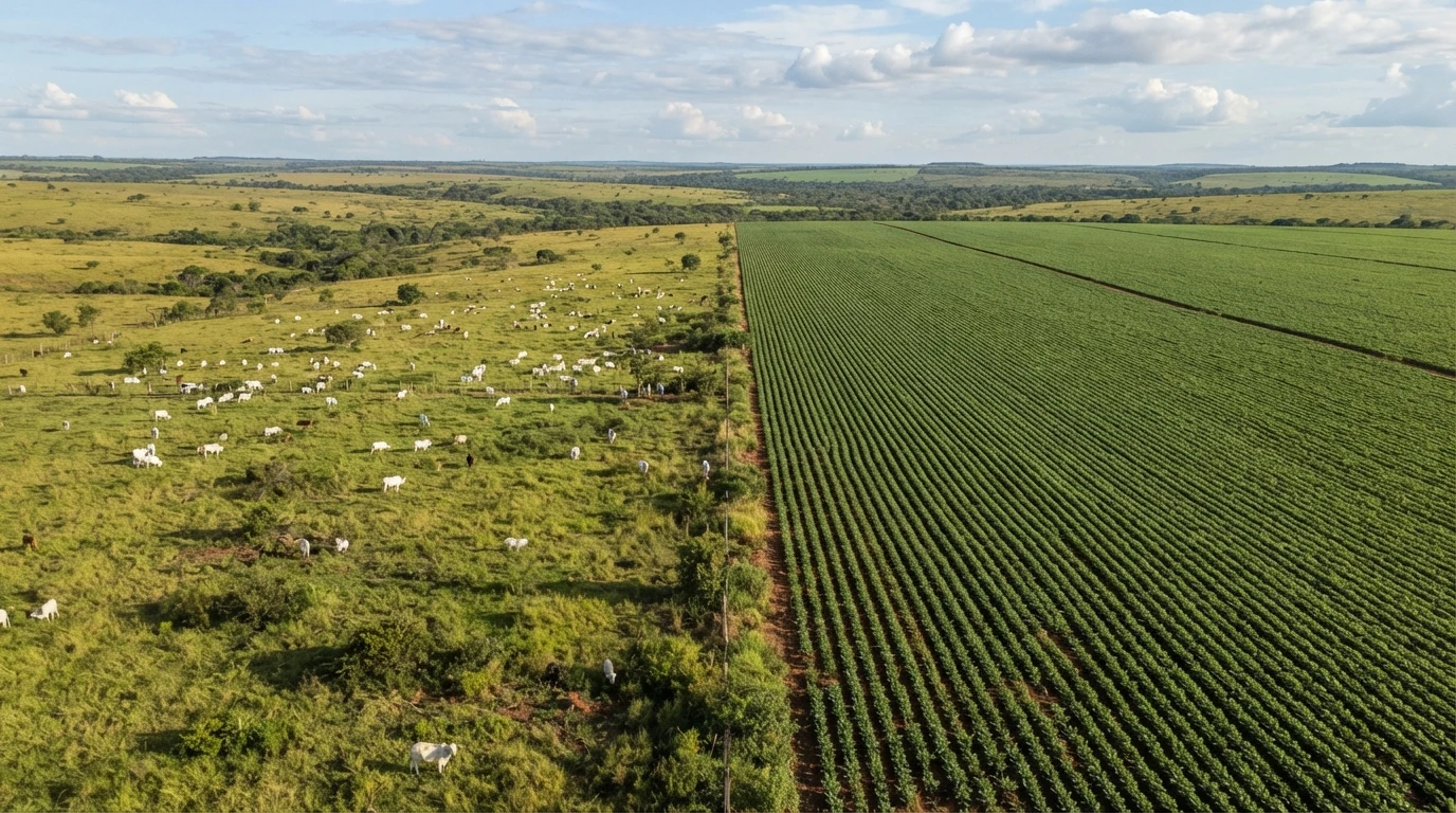 Vista aérea dividida mostrando pastagem cultivada com gado de um lado e lavoura de soja em fileiras do outro, na mesma propriedade rural