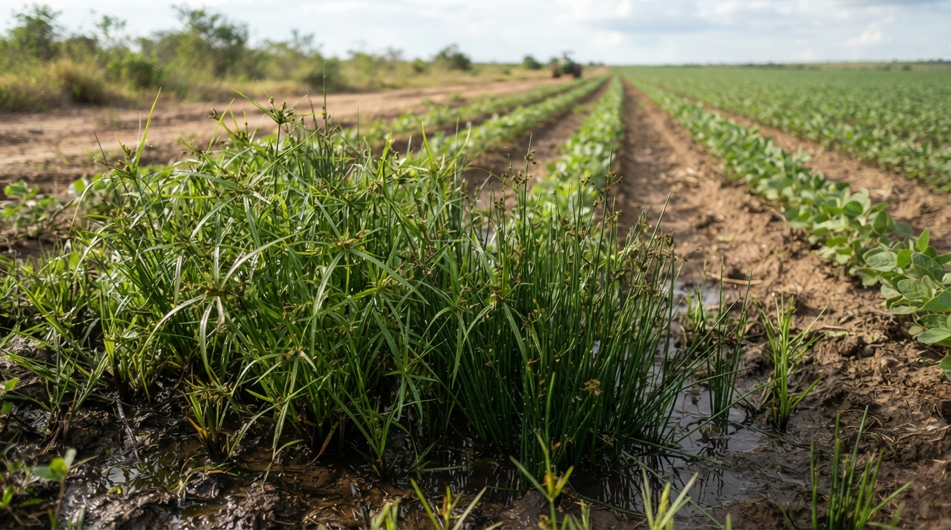 Clump of sedges and rushes growing in a waterlogged spot on the edge of a soybean plot, contrasting with the drier rest of the crop in the background