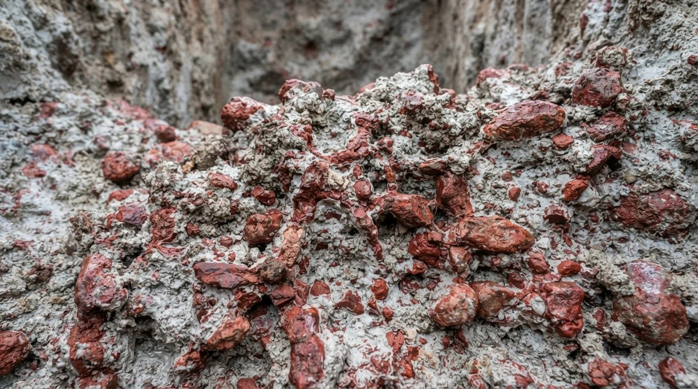 Close-up de perfil de solo em trincheira mostrando textura variegada com manchas vermelhas de ferro segregado e áreas acinzentadas entremeadas, característico de horizonte plíntico