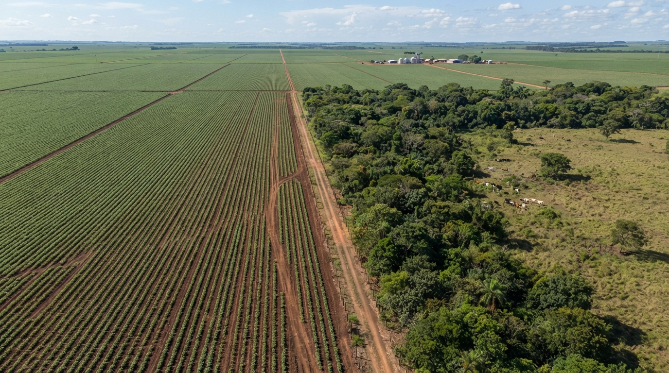 Vista aérea de propiedad rural en Mato Grosso mostrando un límite nítido entre cultivo cosechado en hileras y franja de vegetación nativa preservada con pastizal adaptado al lado
