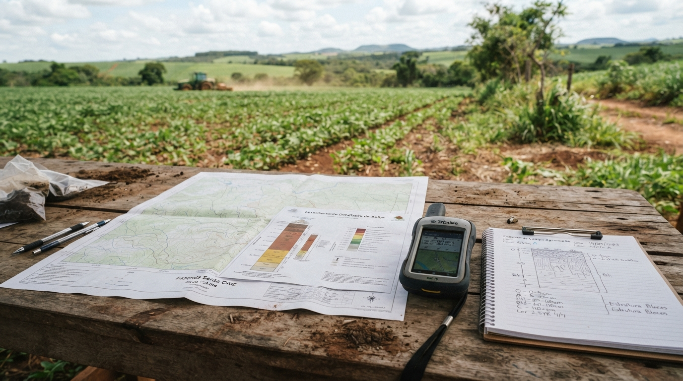 Carta topográfica e mapa de solos estendidos sobre mesa de campo, ao lado de equipamento de GPS de precisão e prancheta, ambiente técnico de levantamento pedológico
