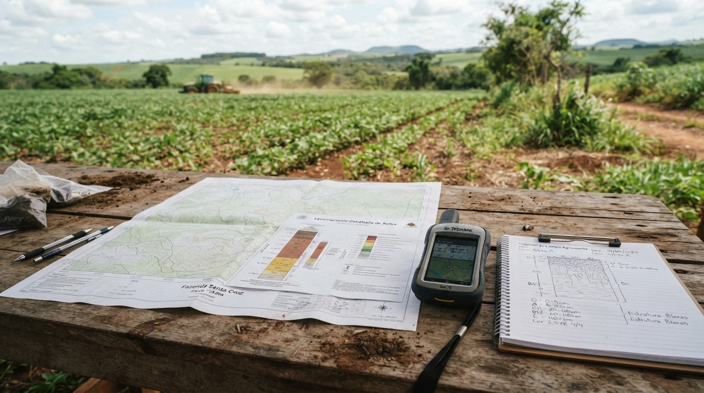 Carta topográfica e mapa de solos estendidos sobre mesa de campo, ao lado de equipamento de GPS de precisão e prancheta, ambiente técnico de levantamento pedológico