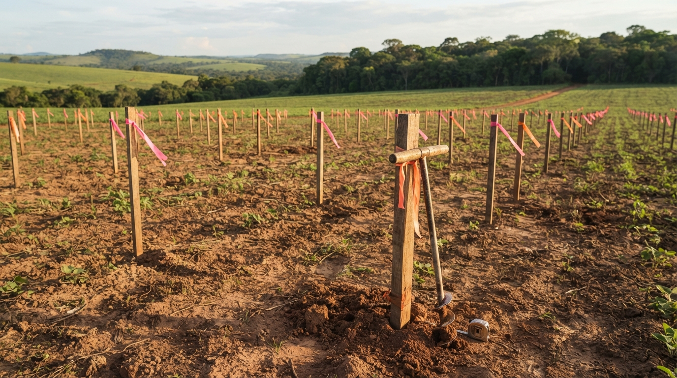 Estacas de levantamento topográfico com fita de sinalização marcando uma grade de amostragem em campo agrícola, trado de solo apoiado numa das estacas