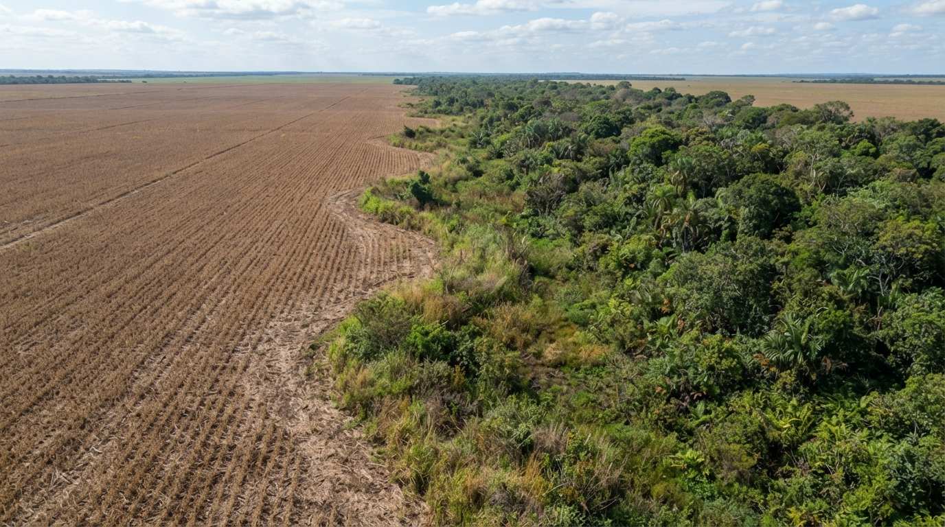 Vista aérea da faixa de transição entre lavoura seca e vegetação nativa de área úmida em propriedade rural de Mato Grosso, mostrando o limite entre solo cultivado e vegetação ciliar