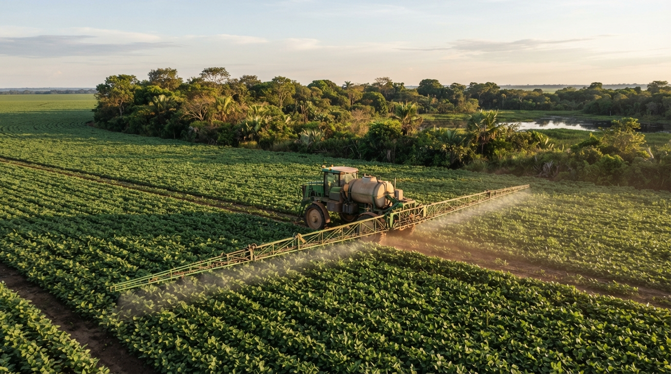 Pulverizador autopropelido aplicando defensivo agrícola em lavoura de soja, com faixa de vegetação nativa preservada ao fundo separando o talhão de uma área úmida