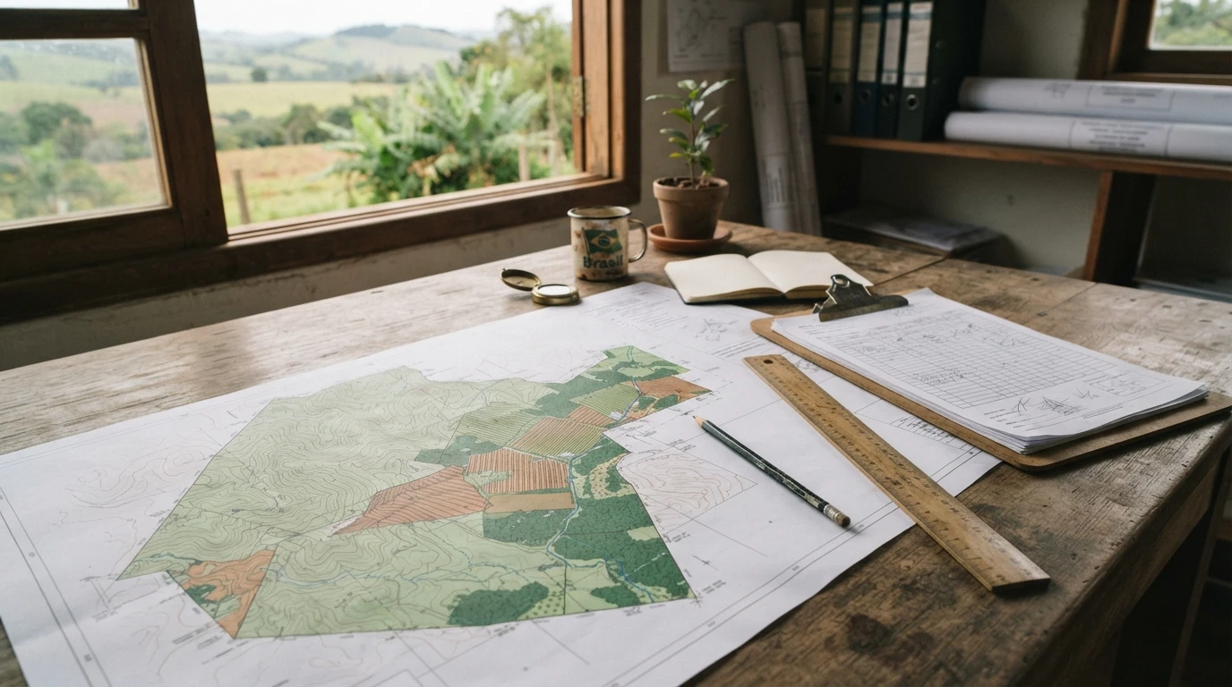 Mesa de trabalho técnico com mapas de propriedade rural, pranchetas e documentos de processo ambiental organizados, ambiente de escritório de campo