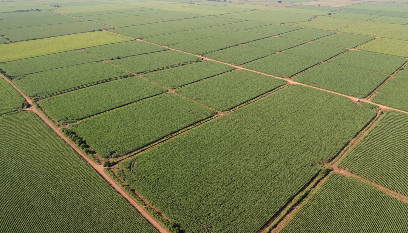 Aerial view of a rural property showing plots of different sizes delineated in the landscape, illustrating how project size influences the licensing modality