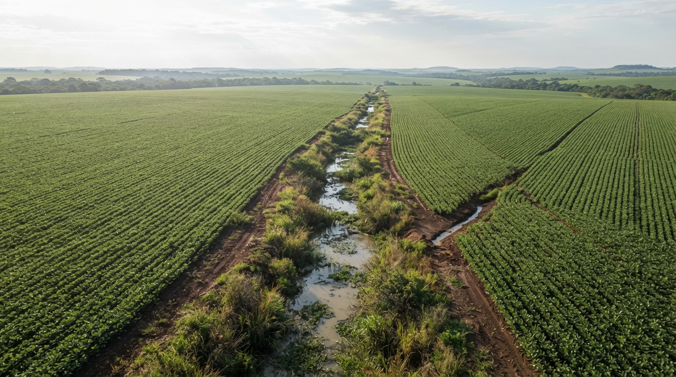 Aerial view of two neighboring agricultural plots in Mato Grosso connected by the same drainage channel system visible in the landscape